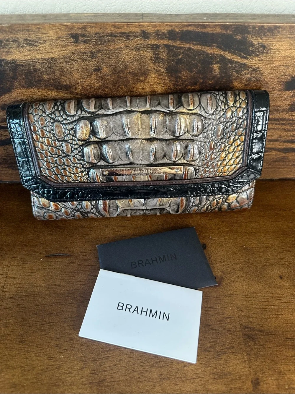 Brahmin Bronze Croc-Embossed Trifold Wallet